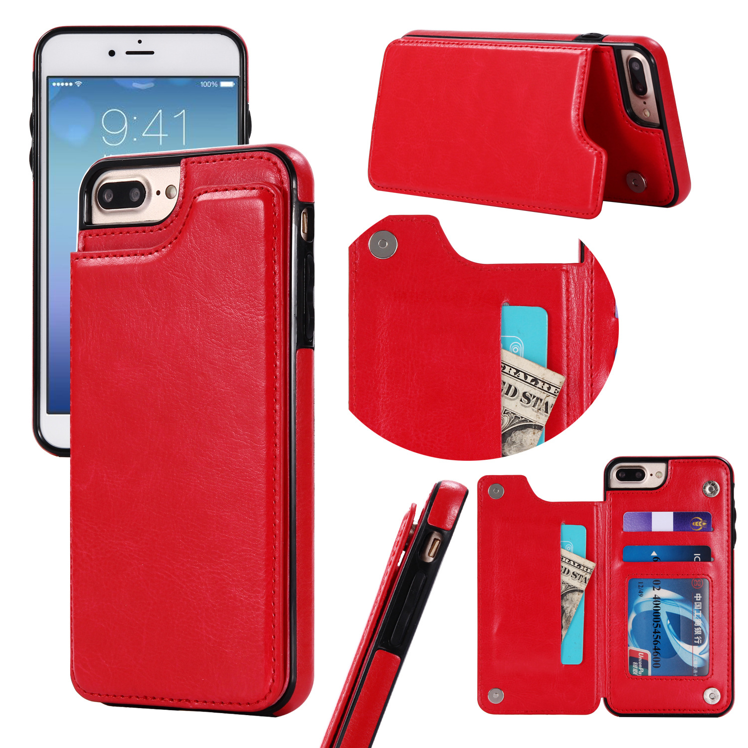 iPhone 8 Plus / 7 Plus Flip BOOK Leather Style Credit Card Case (Red)
